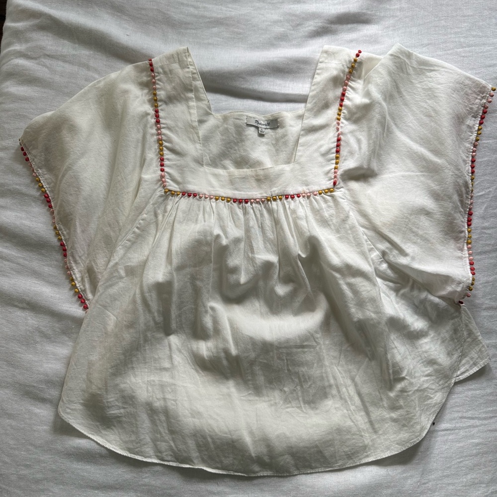 Madewell White Blouse with Colorful Trim